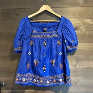 LITHE Anthropologie Embroidered Silk Peacock Boho Peasant Top